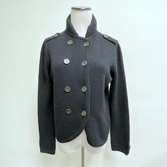 Qi Cashmere black military double breasted black cardigan shacket jacket M - Picture 1 of 8